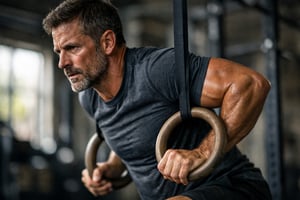 Man doing a shoulder press ring dip at CrossFit gym Performx