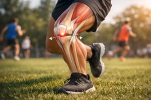 Athlete's leg in mid-landing on a hardwood gym floor, knee in neutral alignment with kneecap tracking over the second toe, demonstrating the proper landing mechanics that protect the ACL.