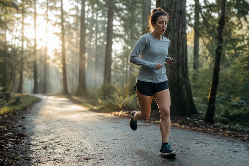 Recreational Runner Striding Through TreeLined Path at Dawn