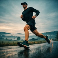 A runner in mid-stride on a wet Oregon trail or road