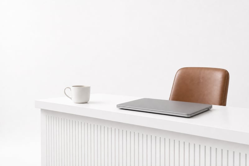 White Clean Desk with Brown Leather Chair and Coffee Cup Laptop
