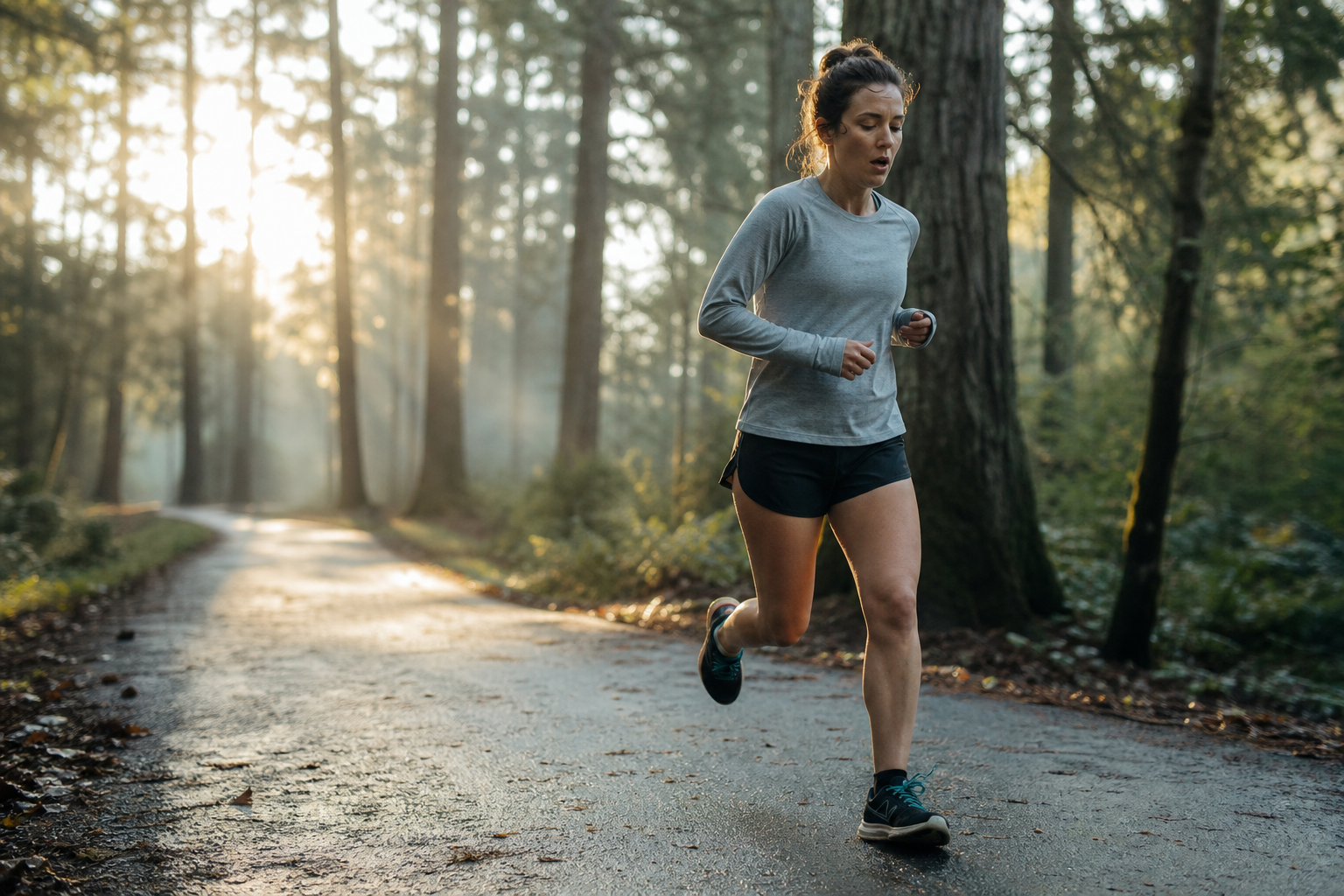 Recreational runner with heavy legs jogging on a path, illustrating running fatigue a month into training.